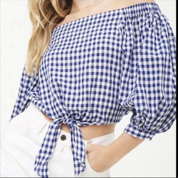🎁 3 for $30 FOREVER 21 gingham off the shoulder cropped top with tie front - Picture 3 of 8